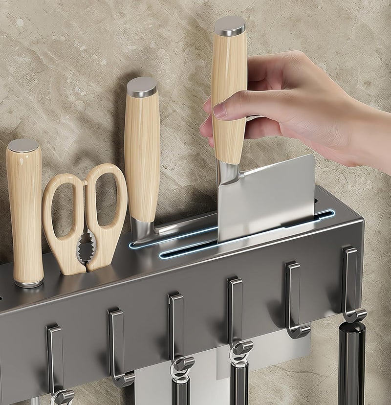 セイド(Seido) Carbon Steel Utensil Rack – Space-Saving 16" L Kitchen Organizer with hooks & hanging bar, Gunmetal Gray Knife Holder, 2 Installation Options (Adhesive/Screwed) - Image 4